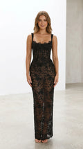 Front view of model wearing black lace corset evening maxi dress