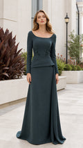 Front view of dark teal long sleeve formal evening dress