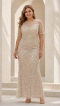 Front view of woman wearing Champagne beaded short sleeve evening maxi dress