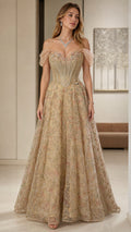Champagne gold off-shoulder corset evening gown with glitter A-line skirt front view