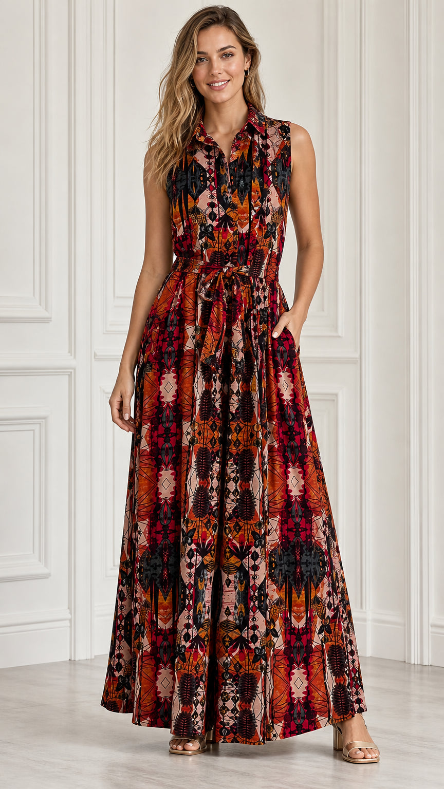 Full front view of model wearing sleeveless rust orange geometric print maxi shirt dress with belt