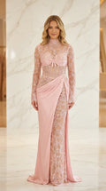 Model wearing pink lace and satin evening gown, front view