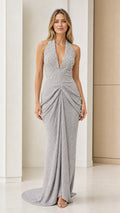 Front view of silver glitter halter evening dress