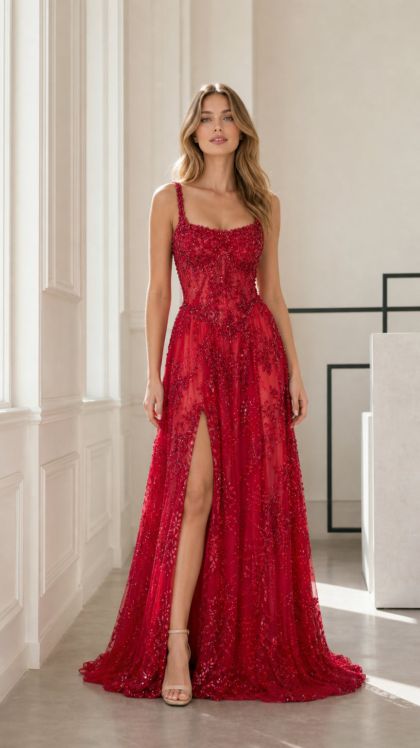 Front view of red beaded evening gown with high split
