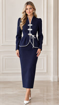 Navy blue women's two-piece peplum jacket and maxi column skirt suit front view