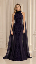 Front view of Deep Plum high neck mermaid evening gown with attached cape drapes and sequin embroidery