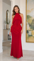 Front view of model wearing Red Halter High Neck Tiered Ruffle Maxi Evening Dress
