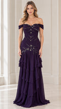 Front view of model wearing plum off-the-shoulder beaded ruched evening gown