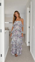 Front full-length view of model wearing lavender floral tiered ruffle cami maxi dress