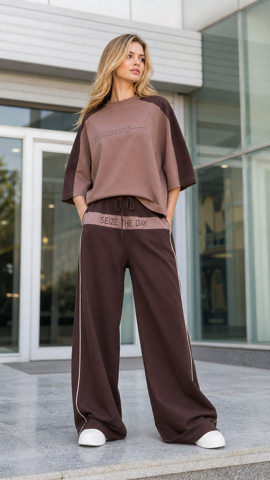 Women's oversized raglan t-shirt and wide-leg pants loungewear set in mocha brown front view