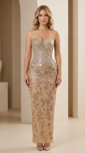 Front view of model wearing Champagne strapless floral sequin evening gown