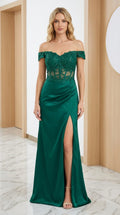 Front view of green off-the-shoulder satin evening gown with high slit