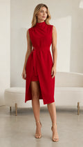 Front full view of red mock neck wrap midi dress