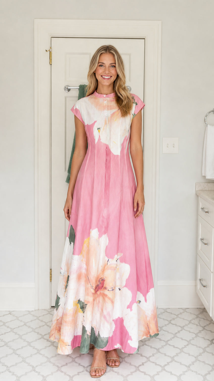 Front full view of woman wearing pink watercolor floral maxi dress with mandarin collar