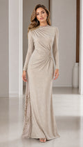 Champagne long sleeve shimmer evening gown with ruched waist front view