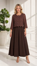 Front full view of chocolate brown crochet lace overlay maxi dress