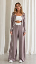 Full front view of women's dusty mauve 2-piece lounge set with cropped jacket and wide-leg pants