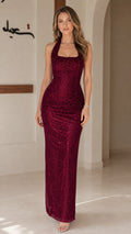 Burgundy sequin halter neck corset maxi evening gown front view