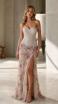 Model wearing Champagne off-the-shoulder floral sequin evening gown with high leg slit front view