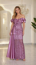 Front view of mauve off-the-shoulder sequin evening gown