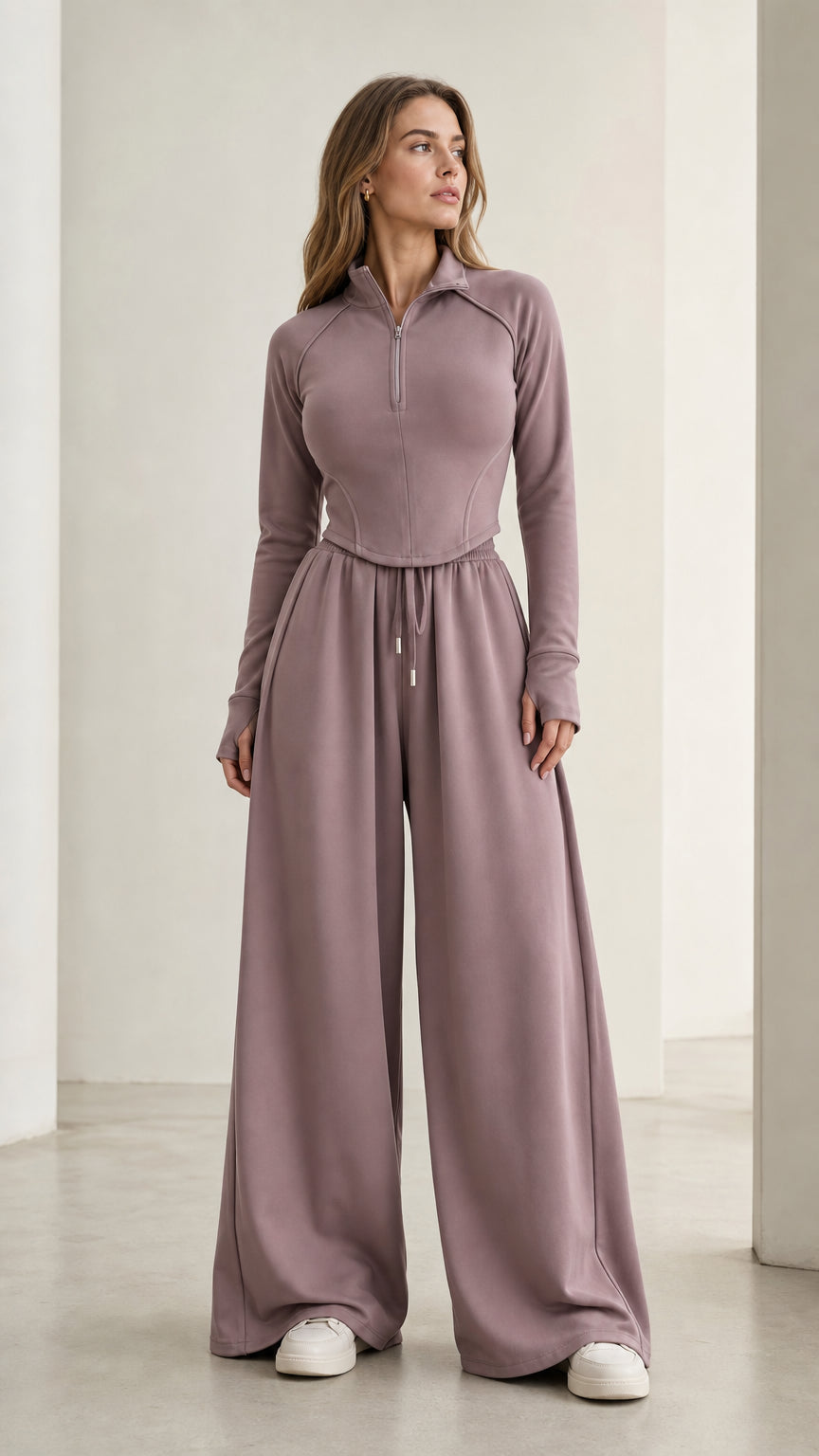 Women's dusty mauve half-zip top and wide-leg lounge pants two-piece set front view