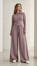 Women's dusty mauve half-zip top and wide-leg lounge pants two-piece set front view
