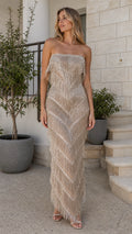 Champagne strapless beaded fringe maxi evening dress front view