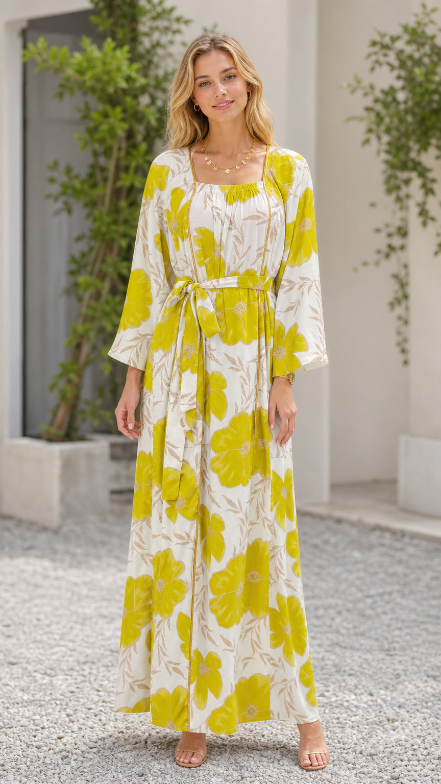 Off-white floral print long sleeve maxi dress front view on model