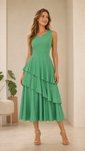 Elegance Tiered V-Neck Midi Dress in Green front view
