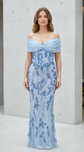 Front view of Light Blue Off-Shoulder Beaded Floral Evening Gown