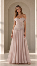 Front view of model wearing blush pink off-the-shoulder beaded chiffon evening gown