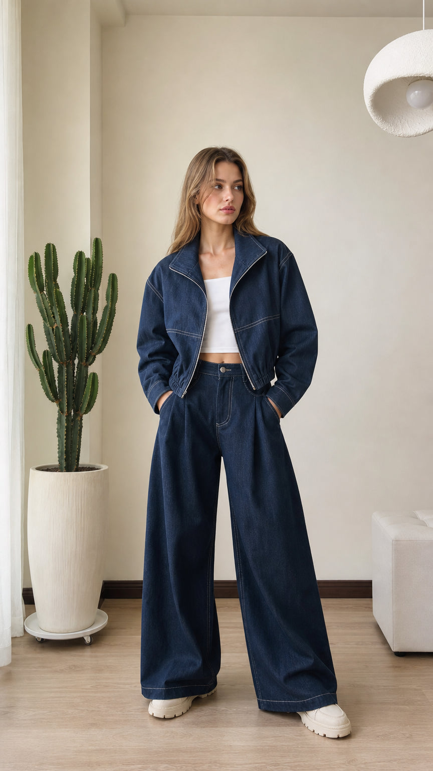 Full front view of model wearing dark blue cropped denim jacket and wide-leg matching pants set