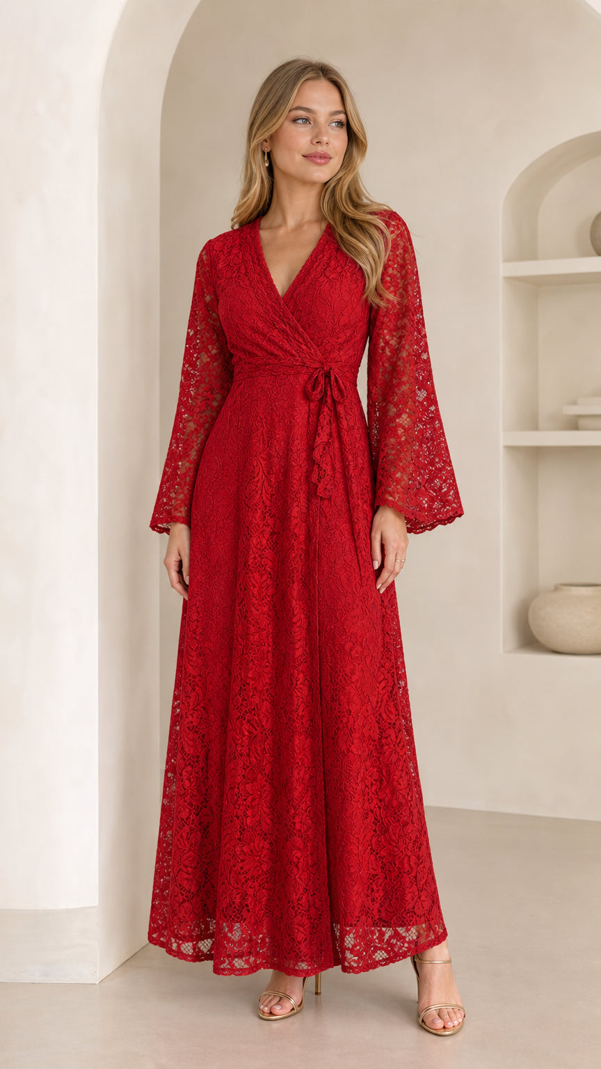 Front full-length view of model wearing a red floral lace wrap maxi dress with bell sleeves