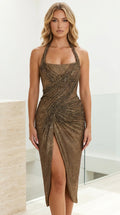 Bronze metallic halter neck ruched midi dress front view