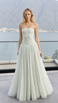 Front view of model wearing sage green strapless corset tulle maxi dress