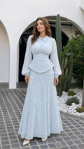 Front view of light blue collared lace peplum maxi dress with long bishop sleeves
