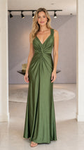 Model wearing olive green satin evening dress front view