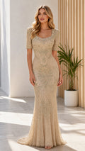 Full-length front view of Champagne beaded half-sleeve mermaid evening gown