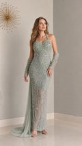 Front view of sage green embellished halter evening gown with matching sleeves