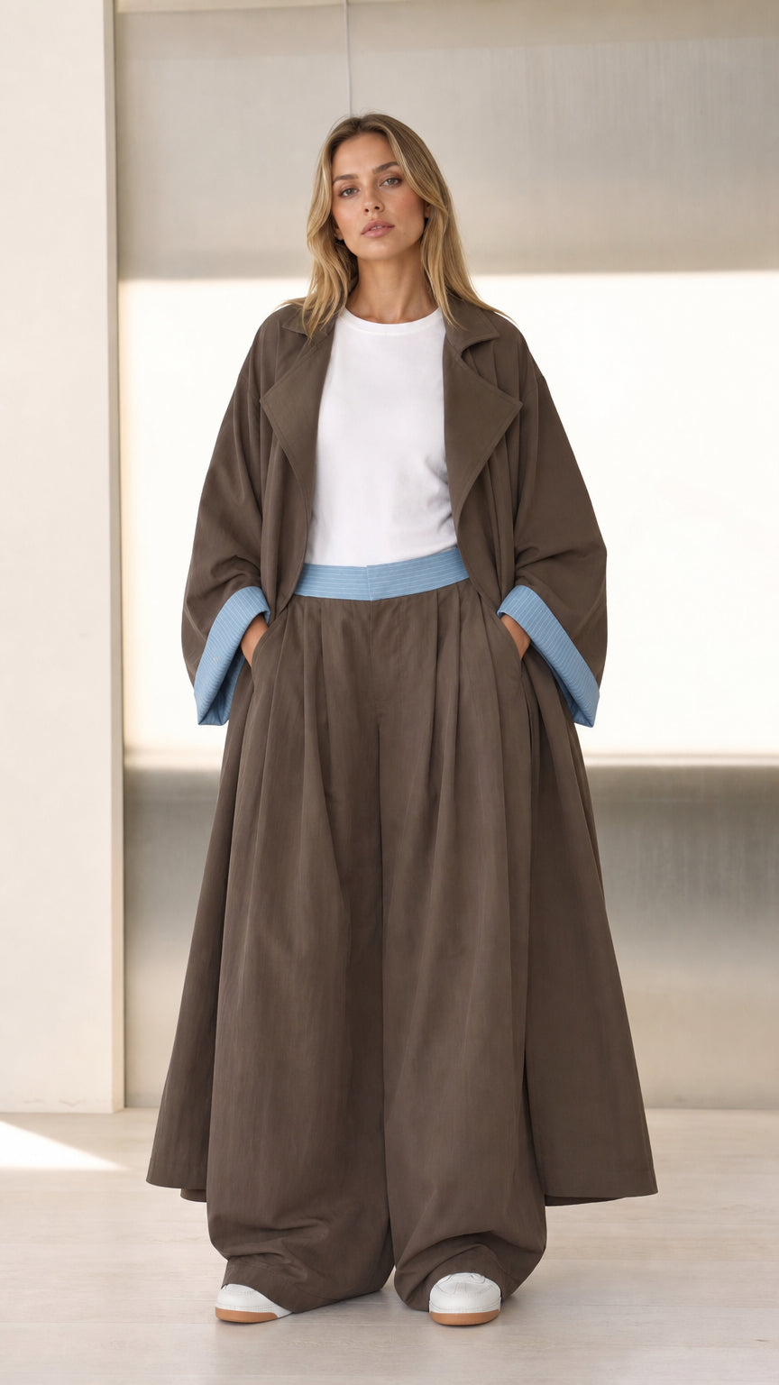 Front full view of Mocha Brown duster coat and pleated wide-leg pant set with contrast cuffs