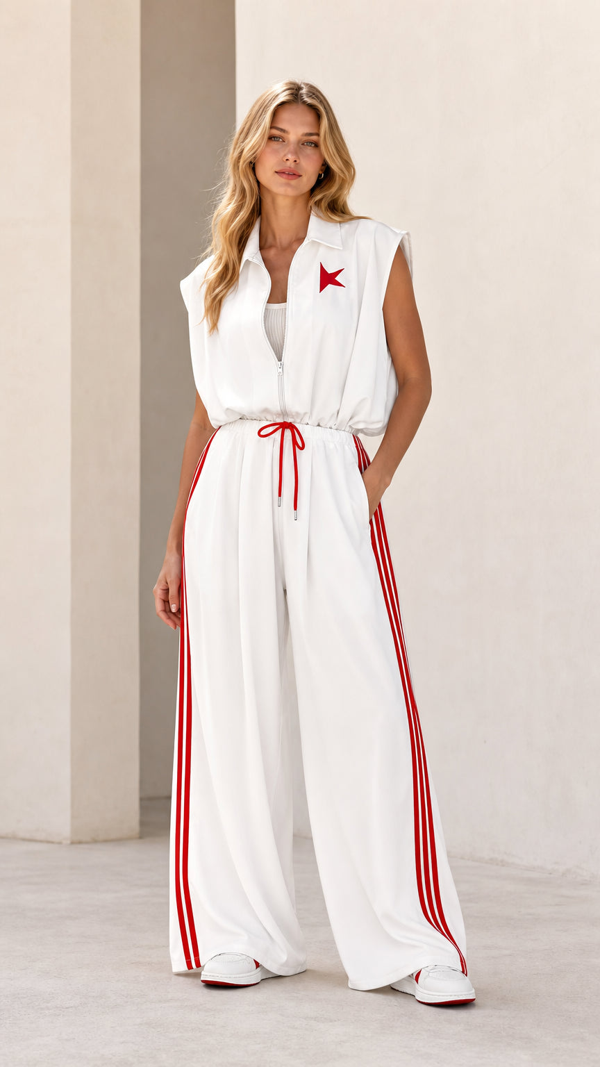 Front full-body view of model wearing white sleeveless wide-leg track jumpsuit with red stripes