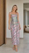 Front view of woman wearing pink multicolor mirror embellished cami midi dress