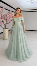Sage Green off-the-shoulder beaded corset evening gown with glitter tulle skirt front view