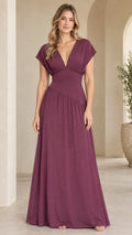 Front view of model wearing plum pleated V-neck cap sleeve maxi dress
