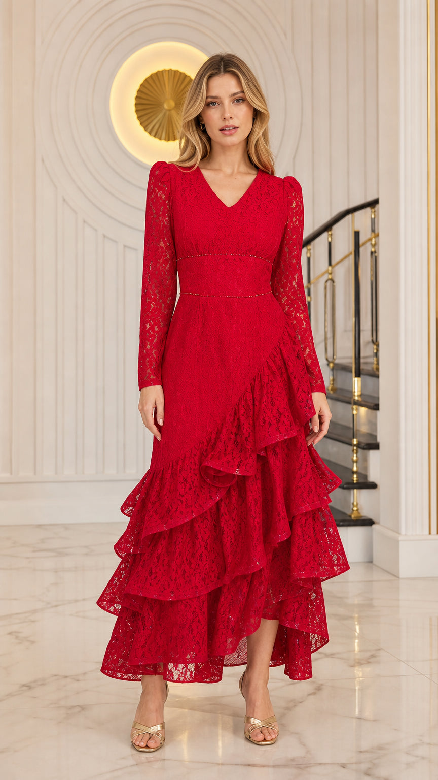 Front view of model wearing the red long sleeve tiered lace maxi evening dress