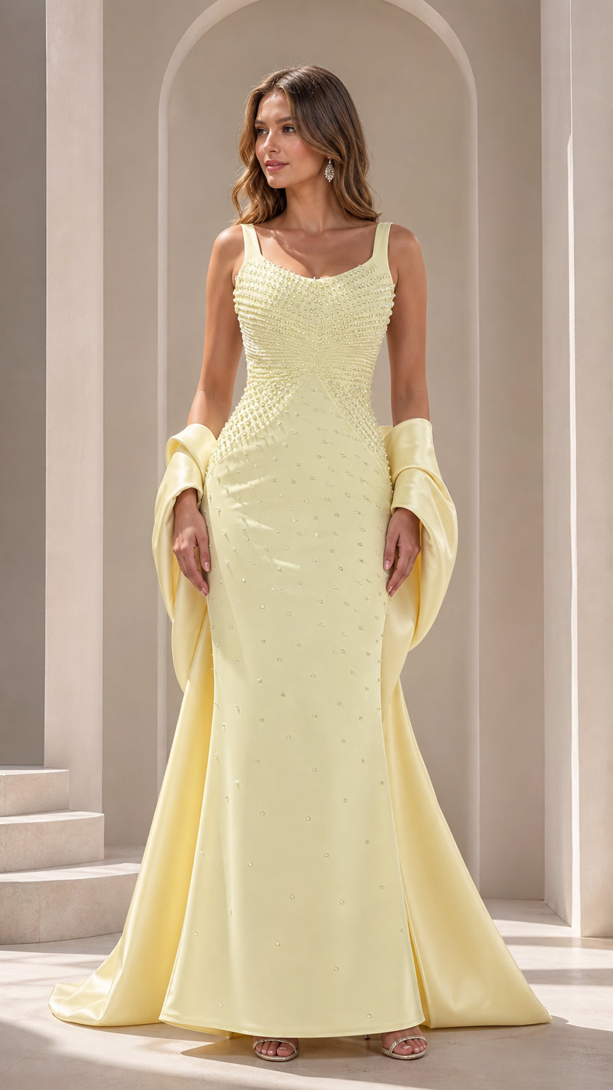 Front view of Butter Yellow pearl-embellished scoop neck mermaid evening gown with draped matching shawl