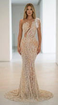 Front view of Champagne one-shoulder beaded mermaid evening gown