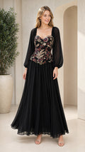 Front view of black embroidered bodice chiffon evening maxi gown with sheer sleeves