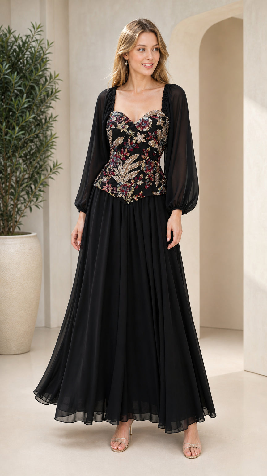 Front view of black embroidered bodice chiffon evening maxi gown with sheer sleeves