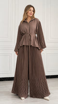 Full front view of woman wearing Mocha Brown pleated long-sleeve top and wide leg pants set